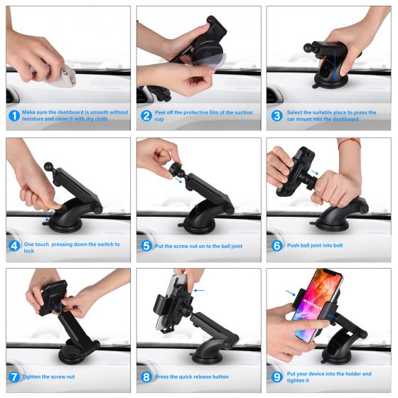 Dashboard Cell Phone Holder, Car Phone Mount Strong Suction Cup Phone Holder Extensible & Adjustable Windshield Phone Mount for 3.5