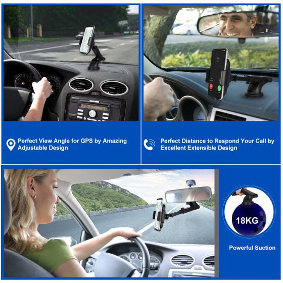 Dashboard Cell Phone Holder, Car Phone Mount Strong Suction Cup Phone Holder Extensible & Adjustable Windshield Phone Mount for 3.5