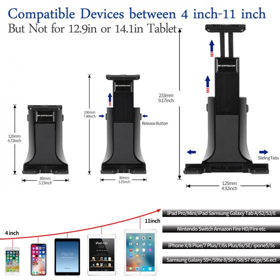 Tablet Holder, Car Headrest Mount Headrest Car Tablet Holder Folding Arm Phone Mount with Sliding Tabs for 4