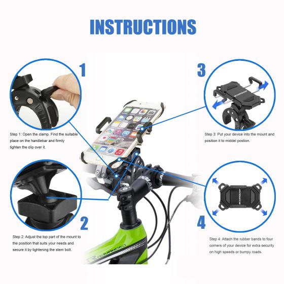 Bike Phone Holder - Bike & Motorcycle Cell Phone Mount Universal Bicycle Handlebar Mount Cellphone Holder for iPhone 8 7s 6s Plus 5s Android Smartphone with 360 Degree Rotation and 4 Rubber Bands